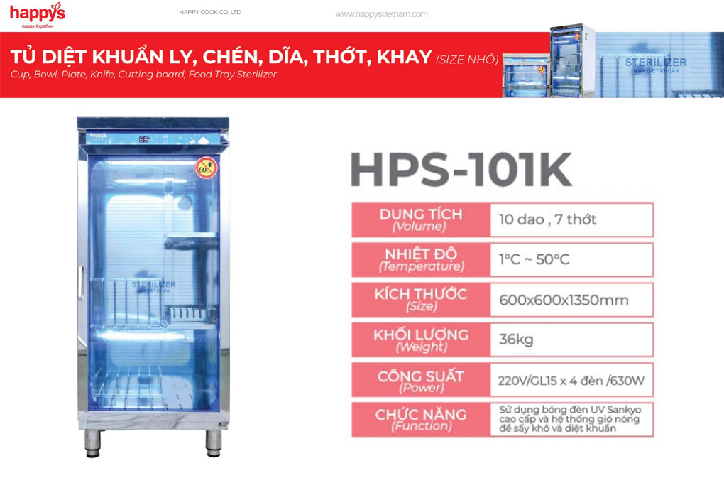 Thông số kỹ thuật tủ diệt khuẩn Happys và sấy khô dao, thớt, khay HPS-101K