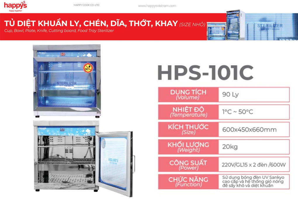 Thông số kỹ thuật tủ diệt khuẩn ly chén đĩa Happys HPS-101C có sấy khô