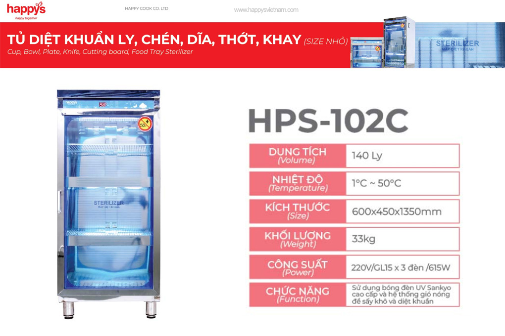 Tủ diệt khuẩn Happys và sấy khô ly, chén, đĩa, thớt, khay HPS-102C cỡ tủ nhỏ