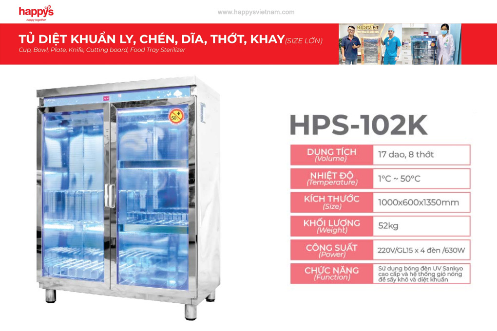 Thông số kỹ thuật của tủ diệt khuẩn dao thớt khay Happys HPS-102K đèn UV có sấy khô