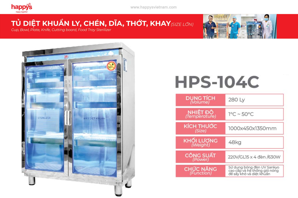 Thông số kỹ thuật tủ diệt khuẩn ly chén đĩa Happys HPS-104C có sấy khô