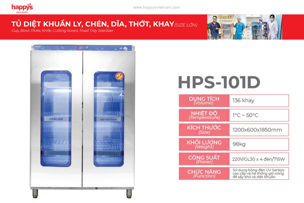 Thông số kỹ thuật của tủ diệt khuẩn khay Happys HPS-101D có đèn UV và sấy khô