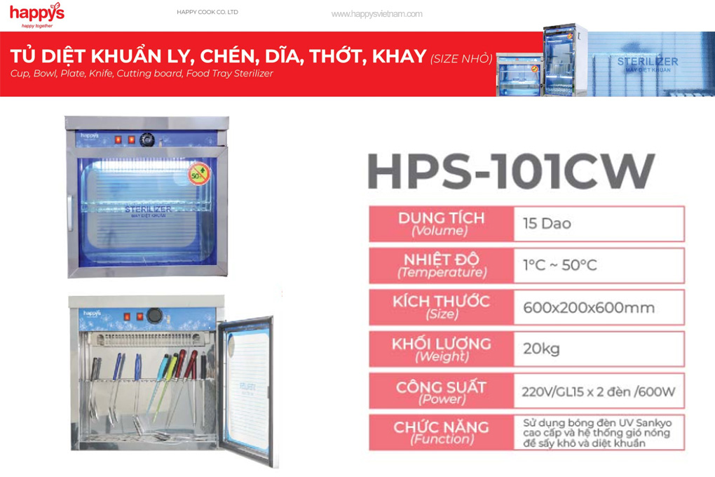 Thông số kỹ thuật tủ diệt khuẩn treo tường Happys HPS-101C có sấy khô